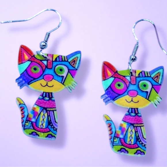 🎉HP🎉 Cat Kitten Multicolored Acrylic Dangle Earrings - Picture 1 of 6